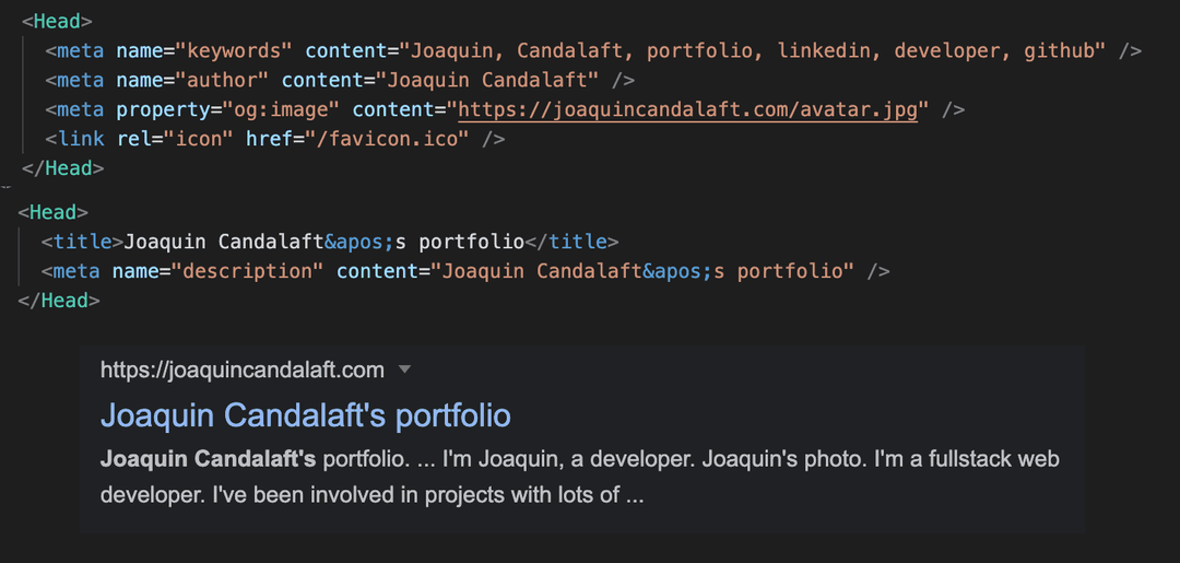 Portfolio SEO code screenshot